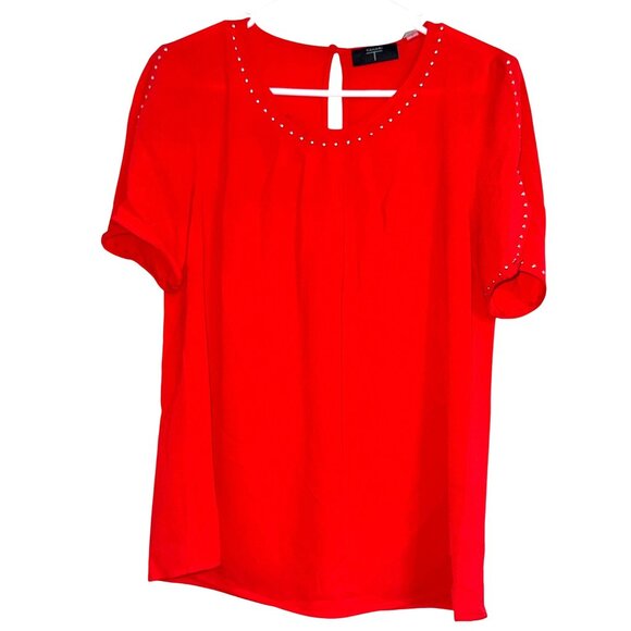 Tahari Red Short Sleeve Blouse With Studded Neckline & Sleeves S - Picture 1 of 11